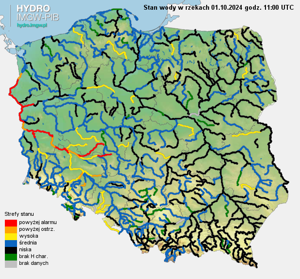 Aktualny stan wody w rzekach na godz. 11 UTC 01.10.2024 r.