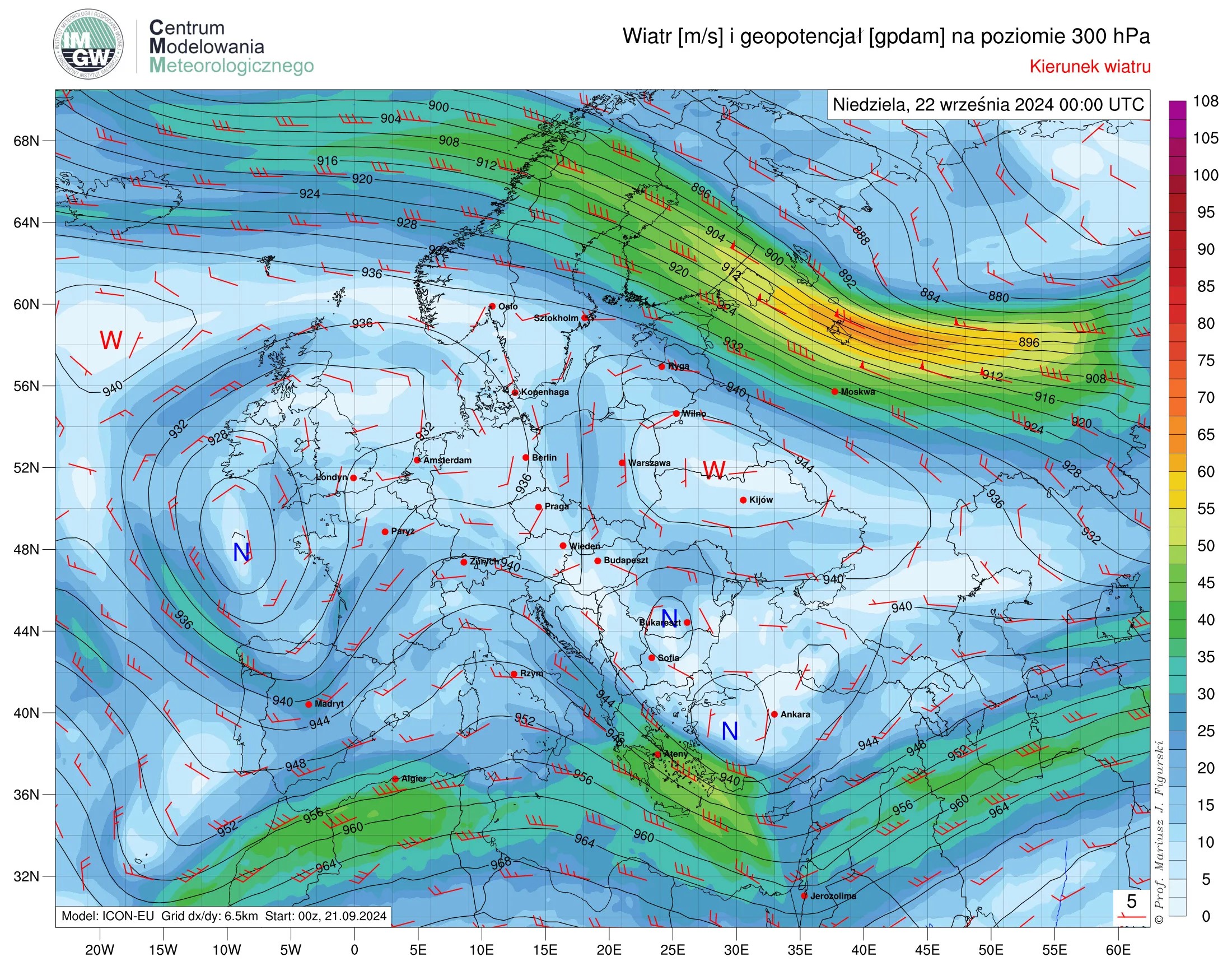 Prognozowane przez model ICON-EU prędkość i kierunek wiatru oraz geopotencjał na poziomie 300 hPa w niedzielę (22.09 00:00 UTC) nad Europą.