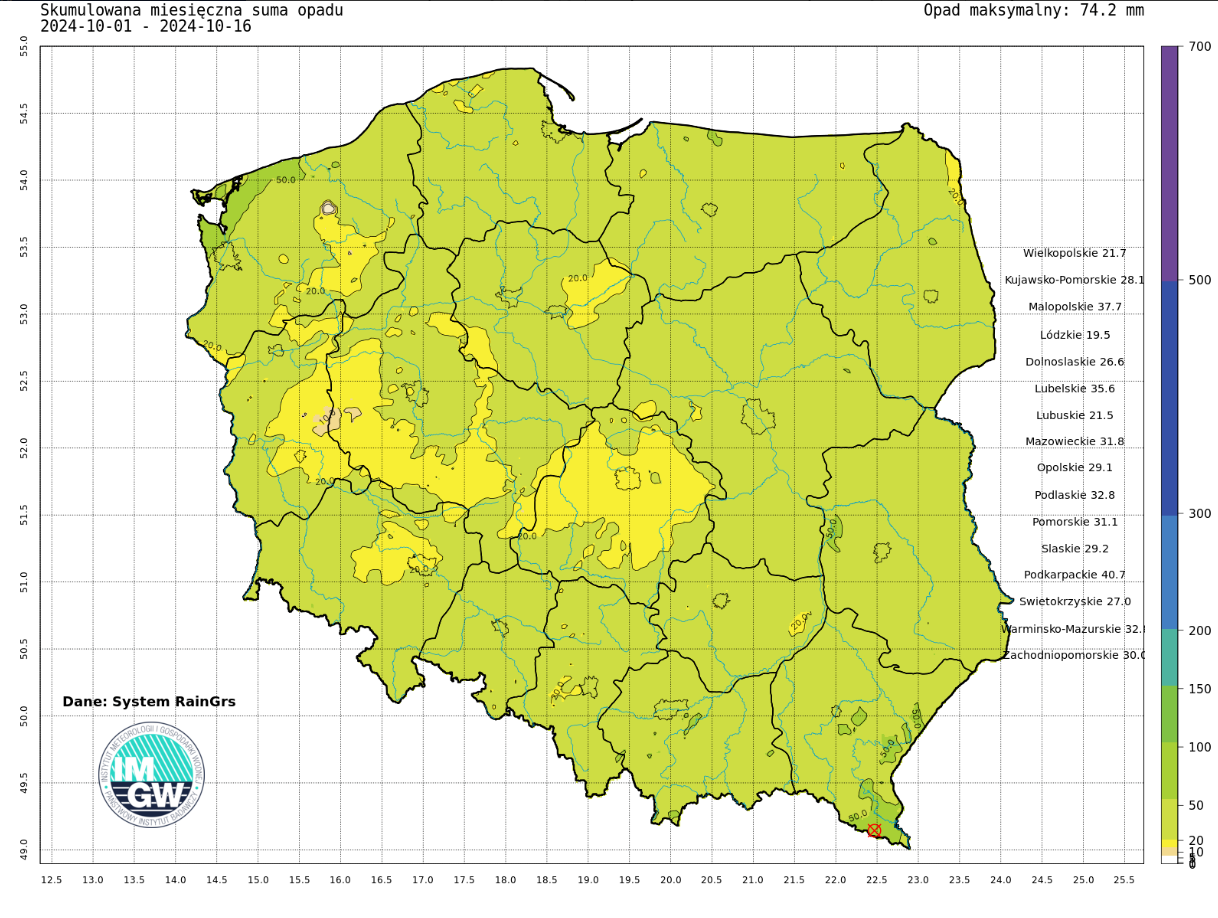 Suma skumulowanego opadu w październiku 2024.