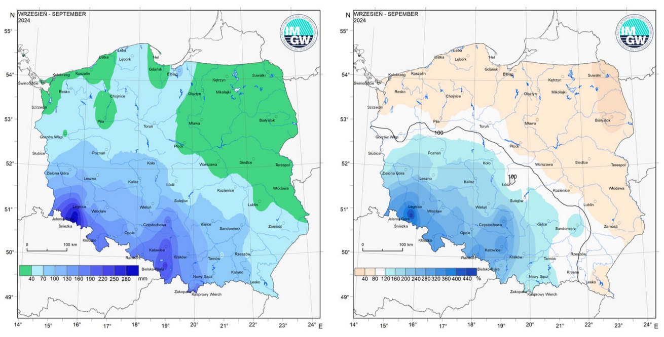 Przestrzenny rozkład miesięcznej sumy opadów we wrześniu 2024 r. oraz przestrzenny rozkład anomalii sumy opadów w stosunku do normy (tj. średniej miesięcznej wartości wieloletniej elementu w okresie 1991-2020).