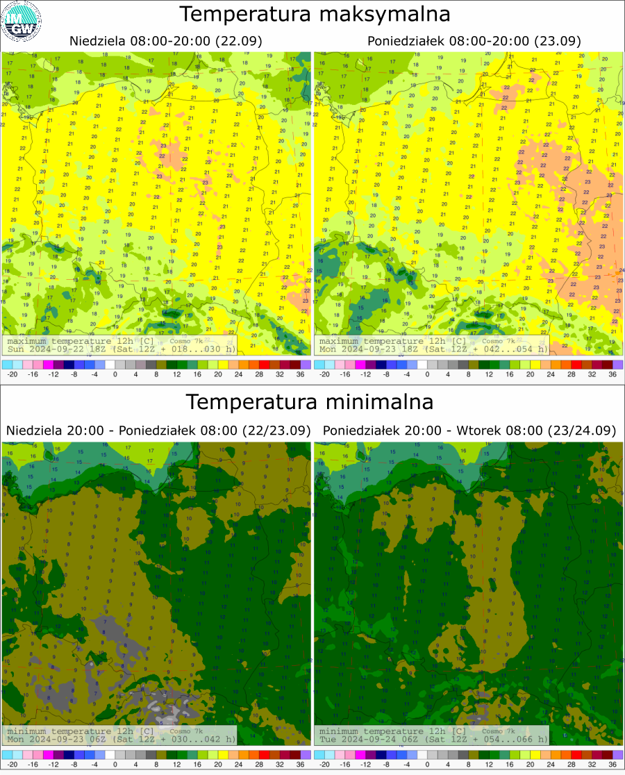 Prognozowana temperatura maksymalna i minimalna na kolejne dwie doby. Model Cosmo 7 km.