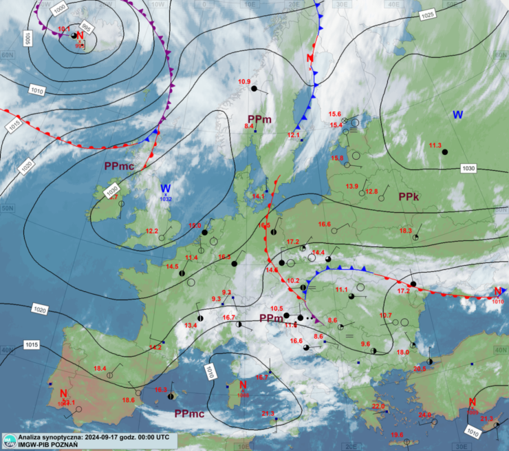 Mapa synoptyczna z terminu 17.09.2024 00:00 UTC. Źródło: IMGW-PIB.