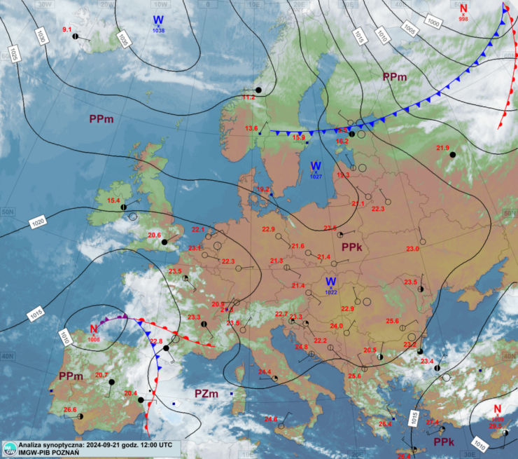 Mapa synoptyczna z terminu 21.09.2024 12:00 UTC. Źródło: IMGW-PIB.