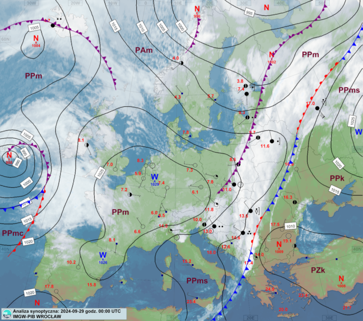 Mapa synoptyczna z terminu 29.09.2024 00:00 UTC. Źródło: IMGW-PIB.