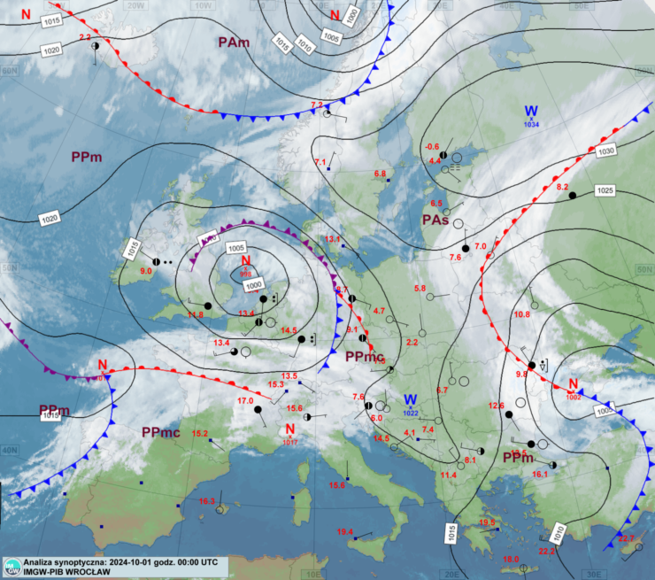 Mapa synoptyczna z terminu 01.10.2024 00:00 UTC. Źródło: IMGW-PIB.