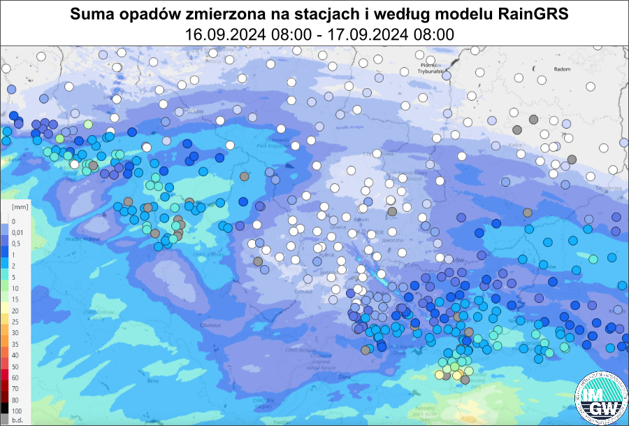 Suma opadów zmierzona na stacjach wraz z nałożonym rozkładem przestrzennym opadów według modelu RainGRS dla obszaru południowo zachodniej Polski za okres 24 h (16.09.2024 06:00 UTC – 17.09.2024 06:00 UTC).