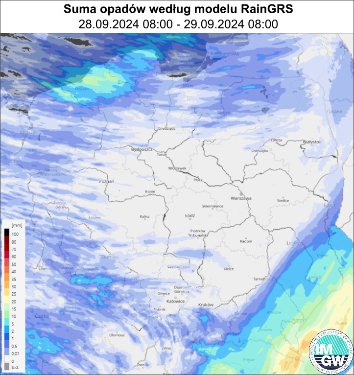 Suma opadów według modelu RainGRS za okres 24 h (28.09.2024 06:00 UTC – 29.09.2024 06:00 UTC).