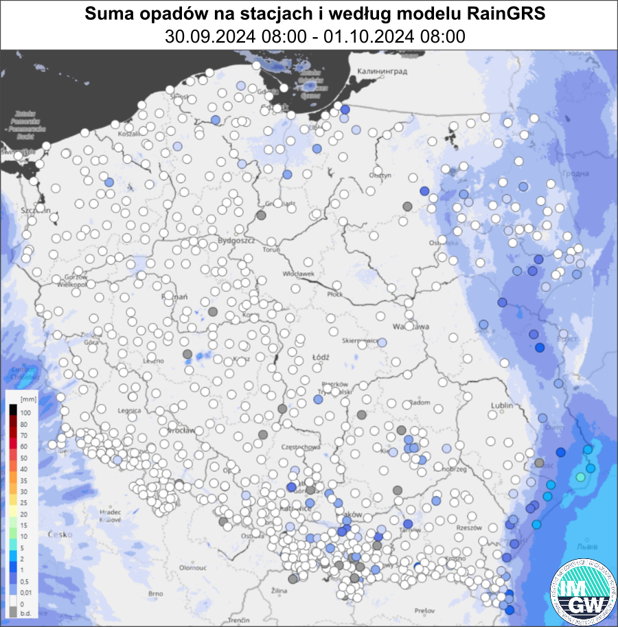 Suma opadów zmierzona na stacjach i według modelu RainGRS za okres 24 h (30.09.2024 06:00 UTC – 01.10.2024 06:00 UTC).