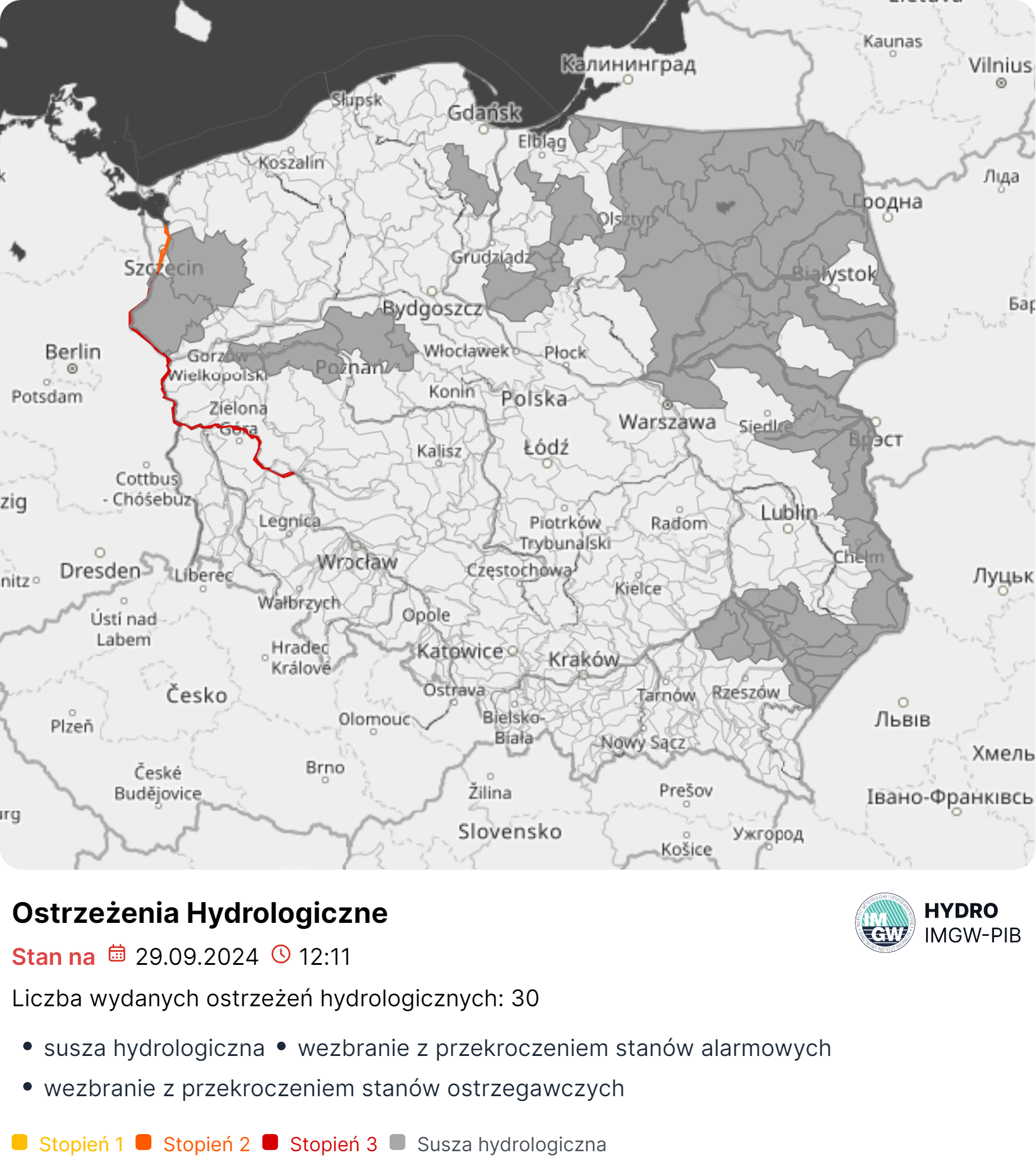 Mapa obowiązujących ostrzeżeń hydrologicznych. Źródło: IMGW-PIB