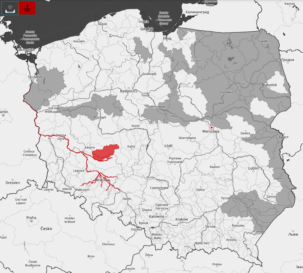 Mapa obowiązujących ostrzeżeń hydrologicznych. Źródło: IMGW-PIB