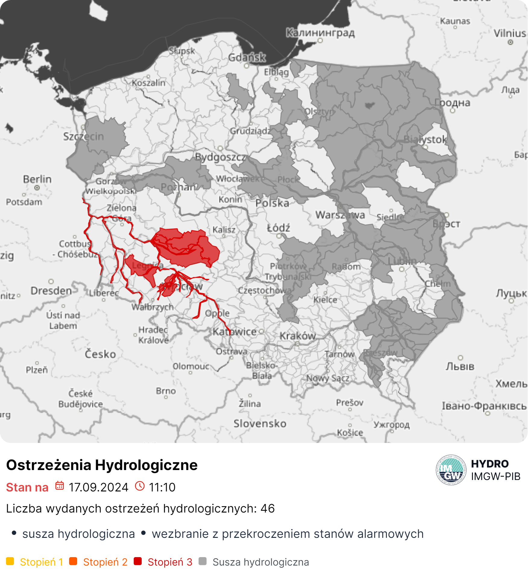 Mapa obowiązujących ostrzeżeń hydrologicznych. Źródło: IMGW-PIB.