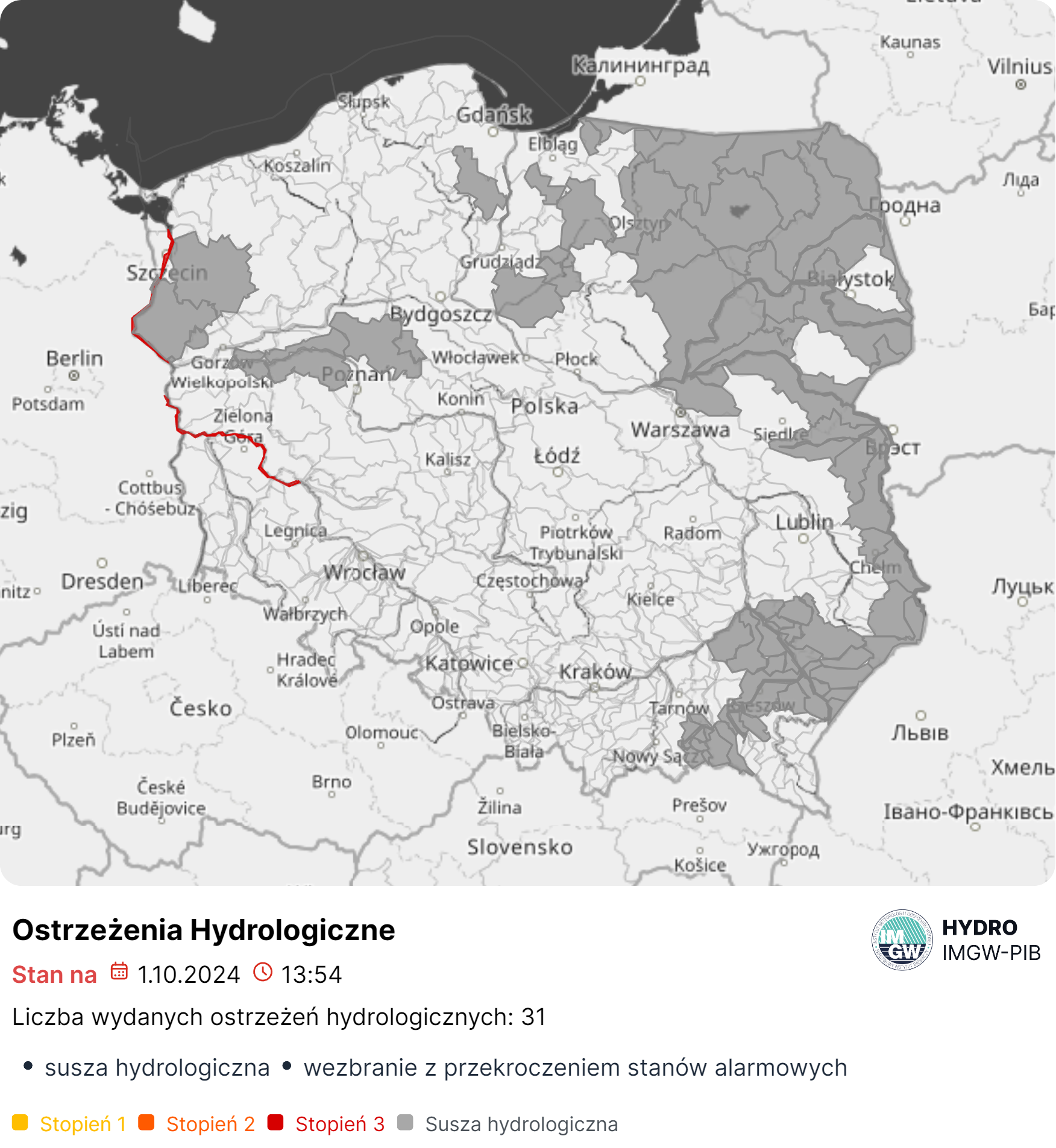 Mapa obowiązujących ostrzeżeń hydrologicznych. Źródło: IMGW-PIB