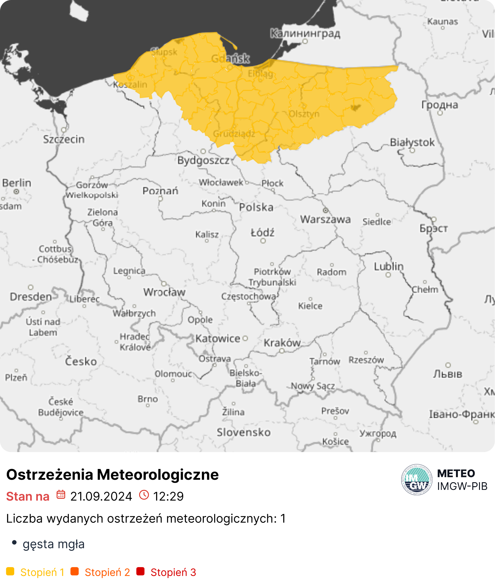 Mapa wydanych ostrzeżeń meteorologicznych. Źródło: IMGW-PIB.