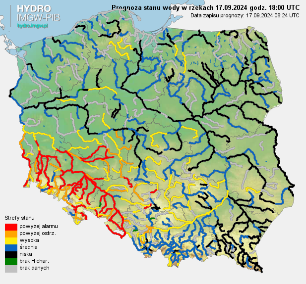 Prognozowana sytuacja hydrologiczna 17.09.2024 r. (18 UTC).