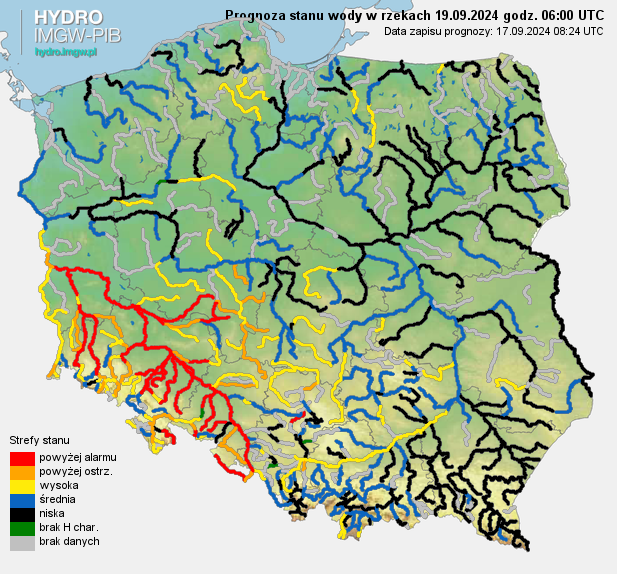 Prognozowana sytuacja hydrologiczna 19.09.2024 r. (06 UTC).