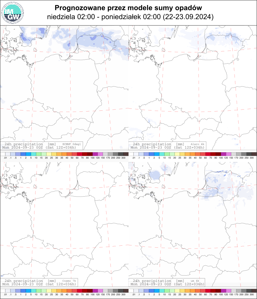 Prognozowana dobowa suma opadów na niedzielę (22.09 02 UTC - 23.09 02 UTC) wg wyników modeli ECMWF 0.1°, Alaro 4 km, COSMO 7 km, UM 4 km.