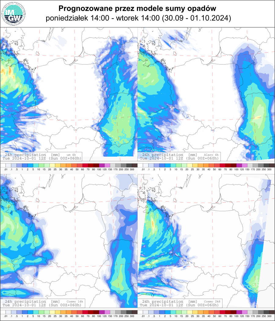 Prognozowana dobowa suma opadów na poniedziałek i wtorek (30.09.2024, 12 UTC - 01.10.2024, 12 UTC) wg wyników modeli UM 4 km, Alaro 4 km, COSMO 14 km, COSMO 2.8 km.