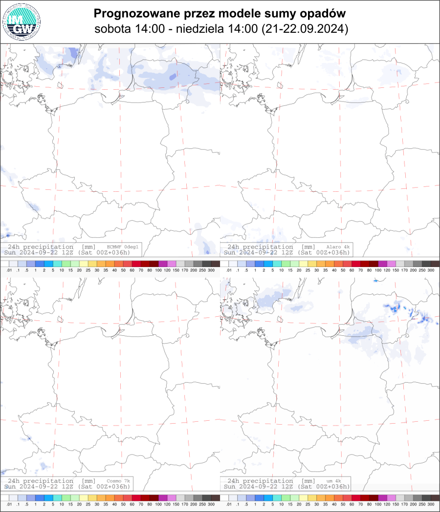 Prognozowana dobowa suma opadów na sobotę i niedzielę (21.09.2024, 12 UTC - 22.09.2024, 12 UTC) wg wyników modeli ECMWF 0.1°, Alaro 4 km, COSMO 7 km, UM 4 km.