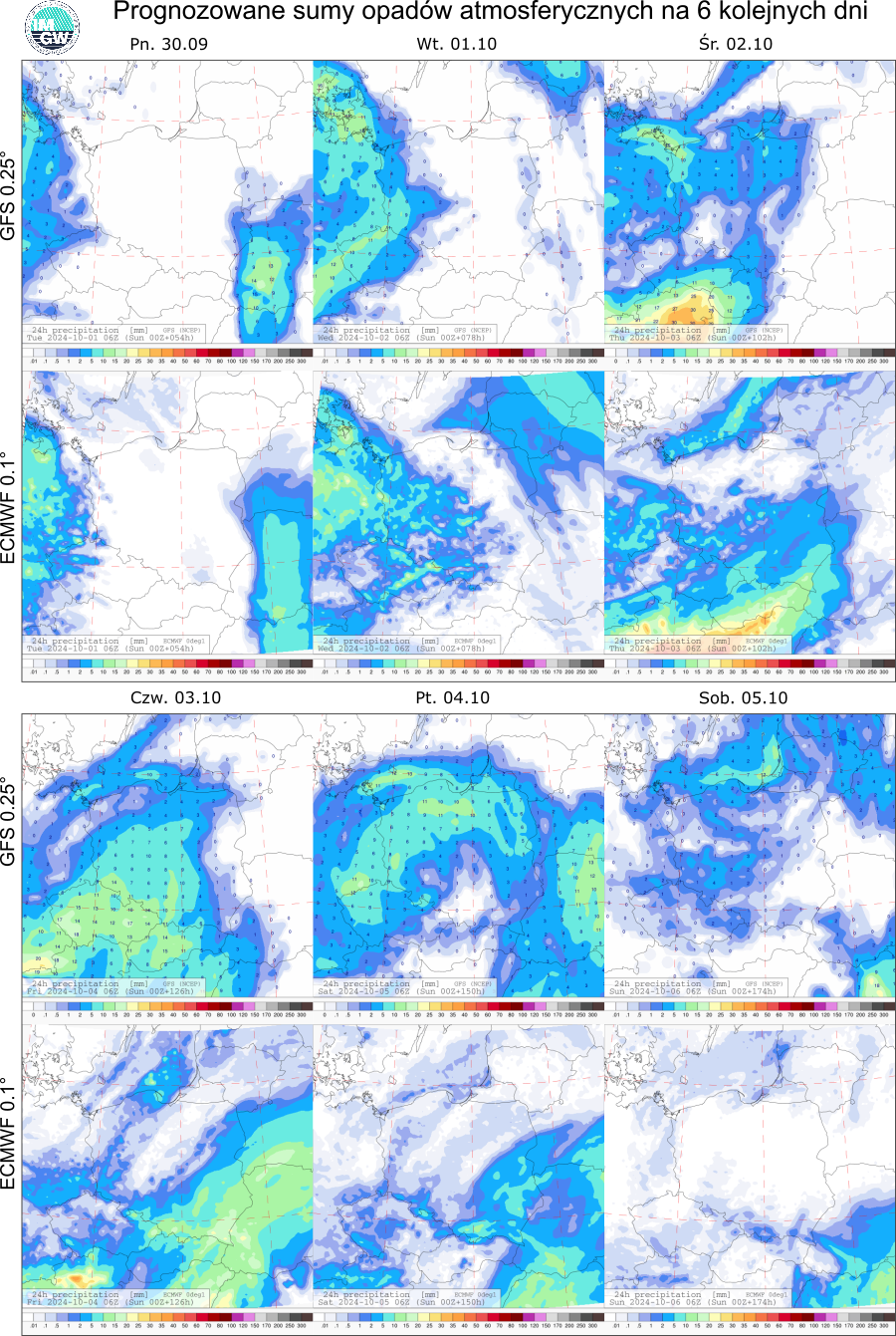 Prognozowane sumy opadów atmosferycznych na 6 dni według modeli GFS 0.25° i ECMWF 0.1°