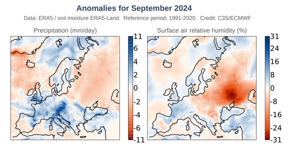 Anomalie opadów i wilgotności względnej powietrza powierzchniowego we wrześniu 2024 r. w odniesieniu do średnich wartości z okresu 1991-2020. Źródło danych: ERA5 i ERA5-Land; Copernicus Climate Change Service/ECMWF.