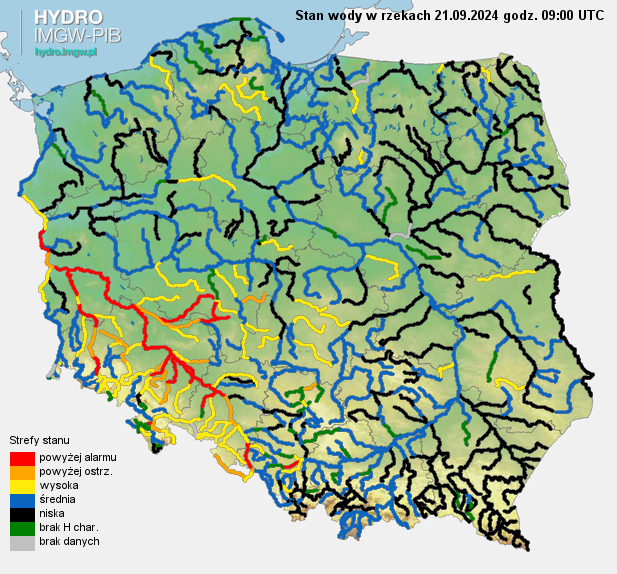 Aktualna sytuacja hydrologiczna 21.09.2024 (09 UTC). Źródło: IMGW-PIB.