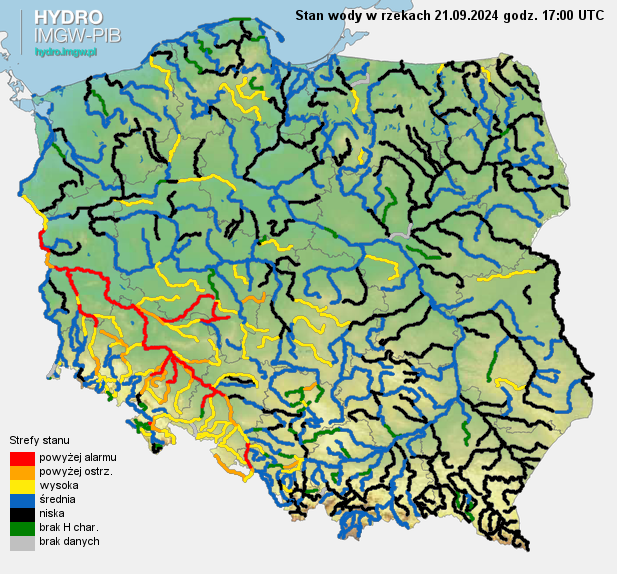 Aktualny stan wody w rzekach na godz. 18 UTC.