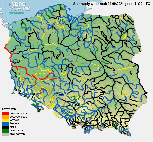 Aktualny stan wody w rzekach na godz. 11 UTC 29.09.2024 r.